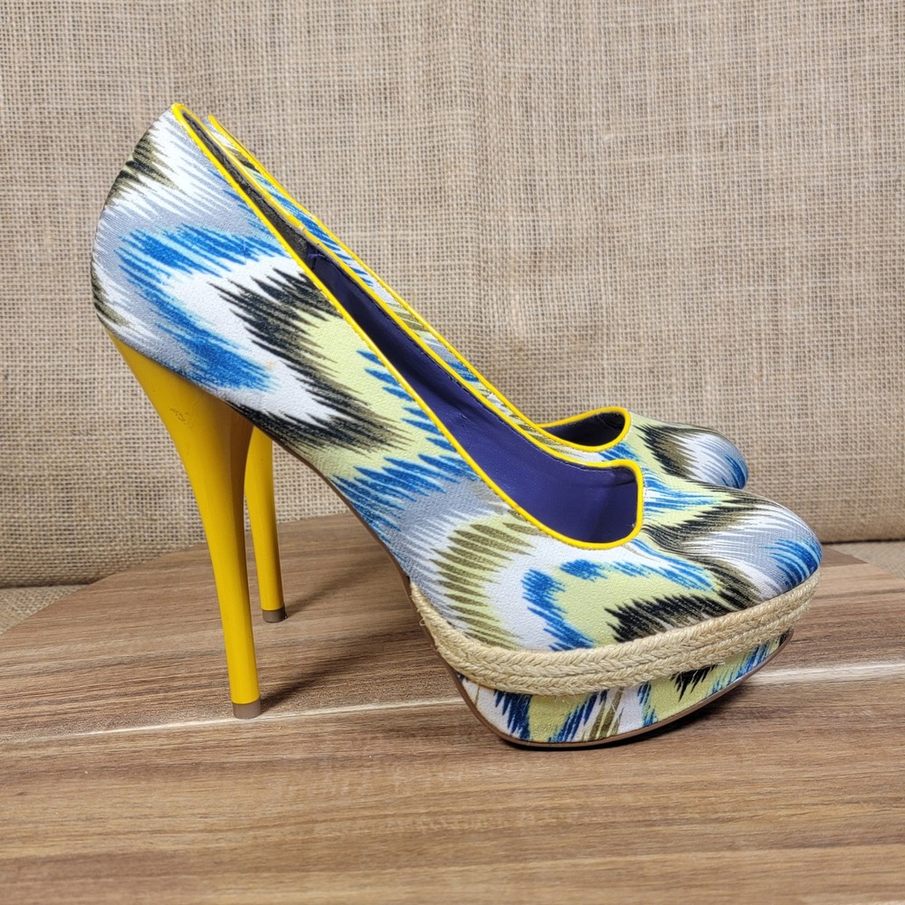 Qupid Platform Heels Blue Yellow White Print Espadrille Pumps Women's‎ Size 9